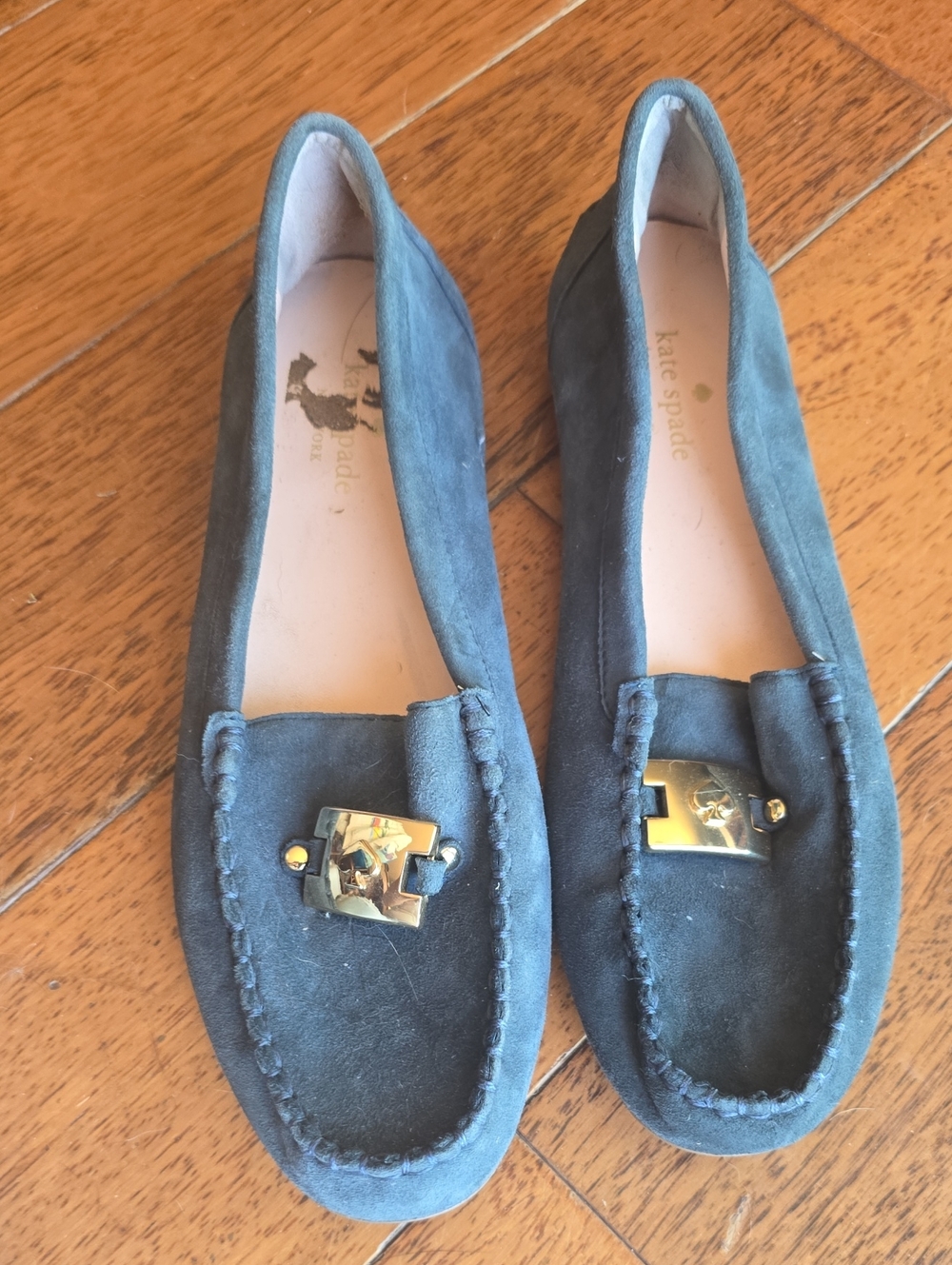 kate spade navy suede loafers with gold plaque